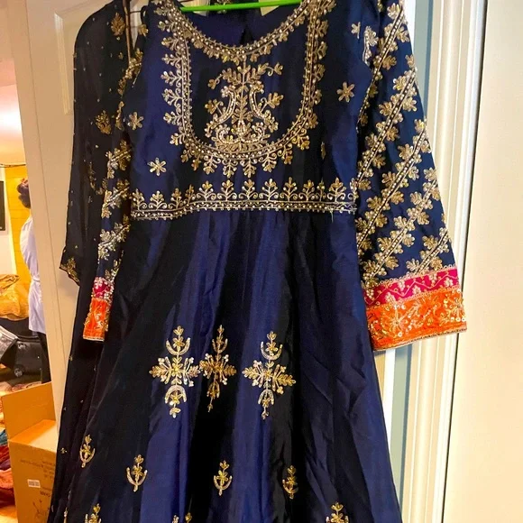 shoes to go with rose gold sequin dress Navy Blue Eid Wear Designer Shalwar Kameez Palazzo Suits main image 1